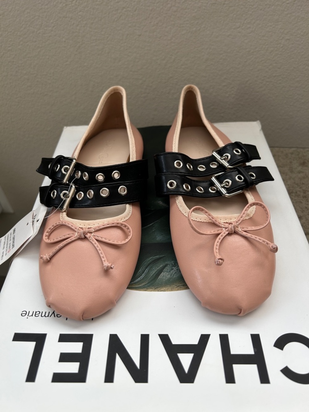 Pink Leather Ballet Flats with Double Black Buckle Straps - Picture 10 of 11